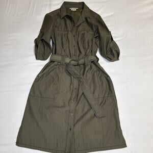 Royal Robbins Snap Front Shirt Dress Belted Olive Green 3/4 Sleeve Womens 4 EUC
